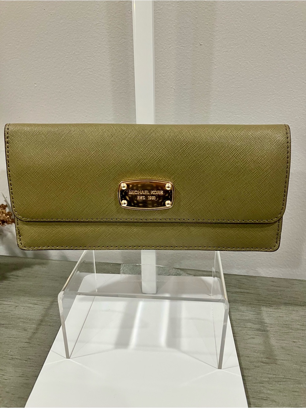 Michael Kors olive green Saffiano leather flap wallet with gold-tone hardware